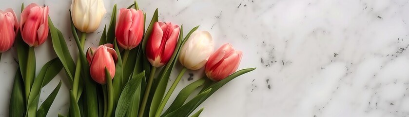 top-view of red and white tulips spread across a marbled surface, evoking a luxurious ambiance