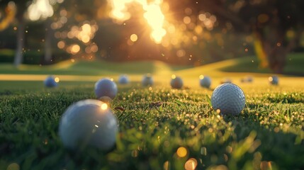 Golf balls and clubs on a lush lawn in the early morning sun on a stunning golf course.concet of international Golf Day
