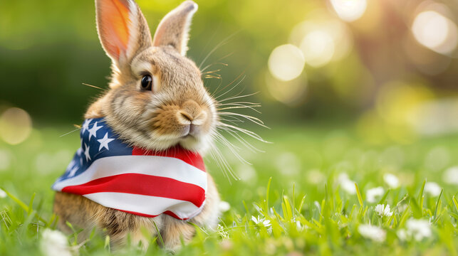cute rabbit wear american flag, that is symbol of Independence Day, american flag, memorial day, american democracy, usa patriotism, victory of us.  Ai generated image