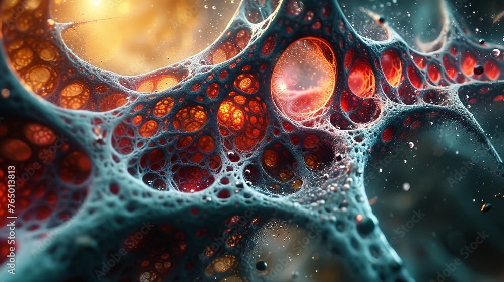 Poster an abstract representation of a microscopic organic network, with interconnected cells and bio-lumin