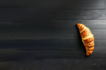croissant de boulangerie, viennoiserie française, feuilleté au beurre en forme de croissant de Lune bien doré sur un fond en bois noir, avec espace négatif pour texte copy space - obrazy, fototapety, plakaty