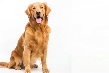 A portrait of a cute Golden Retriever dog sitting on the floor, isolated on white background - obrazy, fototapety, plakaty