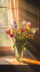 Spring flowers bouquet in vase on table in living room with morning sun ligh