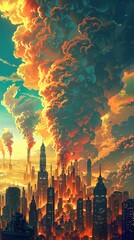 Graphic illustration of atmospheric chemistry changes over a city, bold colors, educational,Graffiti Art