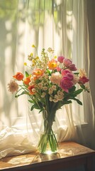 Spring flowers bouquet in vase on table in living room with morning sun ligh