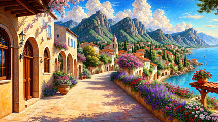 Oil painting of a small town on the Mediterranean Sea, mountains in the background, beautiful summer weather. - obrazy, fototapety, plakaty