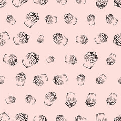 Cupcakes doodle sketch seamless pattern on pink background. Good for wrapping paper, package print, cafeteria and shop wallpapers