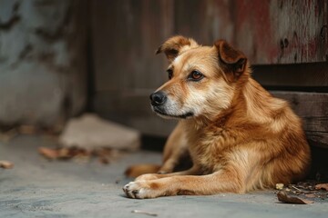 Frightened Abused dog alone abandoned on street. Homeless starving animal in chains captivity. Generate ai