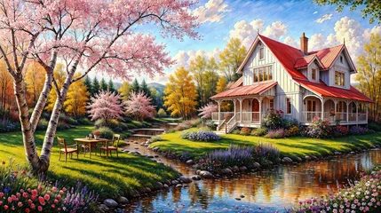 Poster Idyllic spring landscape, beautiful trees with colorful leaves, countryside landscape oil painting on canvas background. © Cobalt