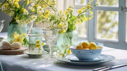 Spring table setting. Dishes and flowers on set table for festive dinne