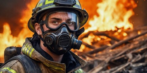 Firefighter in a gas mask against the background of a burning forest. - obrazy, fototapety, plakaty