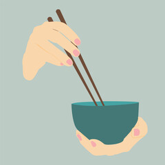 Bowl noodles and chopsticks sketch. Asian food. Chinese, Korean, Japanese cuisine. Logo template. Hand drawn vector illustration.