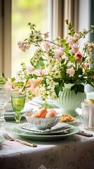 Spring table setting. Dishes and flowers on set table for festive dinne