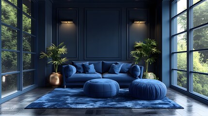 3D composition featuring minimalist elements against a backdrop of deep navy, exuding a timeless and sophisticated vibe in stunning 16k resolution. - obrazy, fototapety, plakaty