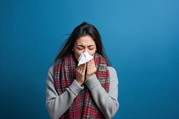 40 year old woman has a cold and sniffs into a tissue, health concept, isolated - 765015699