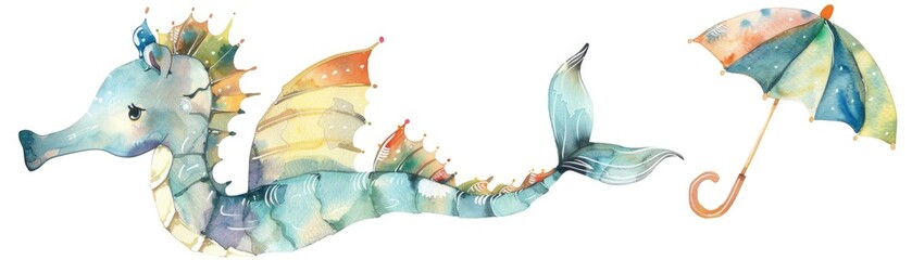 Whimsical watercolor clipart of a seahorse carrying a tiny umbrella, gently floating, isolate on white. A unique blend of charm and whimsy.