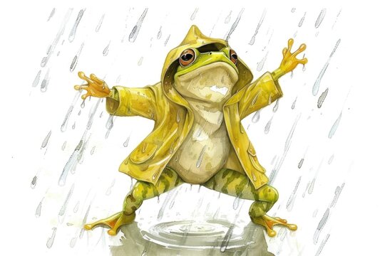 Whimsical watercolor clipart of a frog in a raincoat, dancing under rain, isolate on white. Perfect for cheerful, uplifting themes.