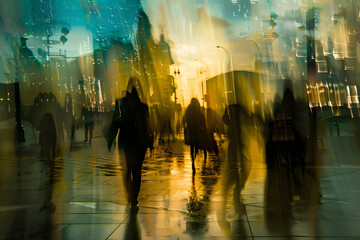 blur art photography of a people walking at street in city, a blurred motion camera photography of modern citylife, concept art for illustration for a poster, for music album or book covers - obrazy, fototapety, plakaty