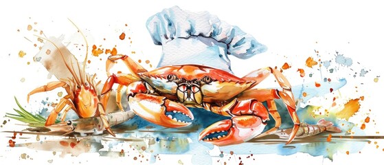 Dynamic watercolor clipart of a crab chef cooking a seafood feast, with apron and chef's hat, isolate on white. Celebrates the joy of cooking and sea life.