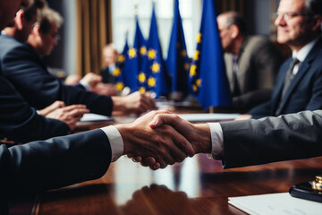 EU political officials shaking hands at an international negotiation - 765016434