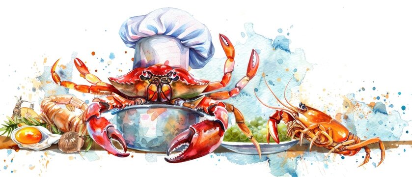 Dynamic watercolor clipart of a crab chef cooking a seafood feast, with apron and chef's hat, isolate on white. Celebrates the joy of cooking and sea life.