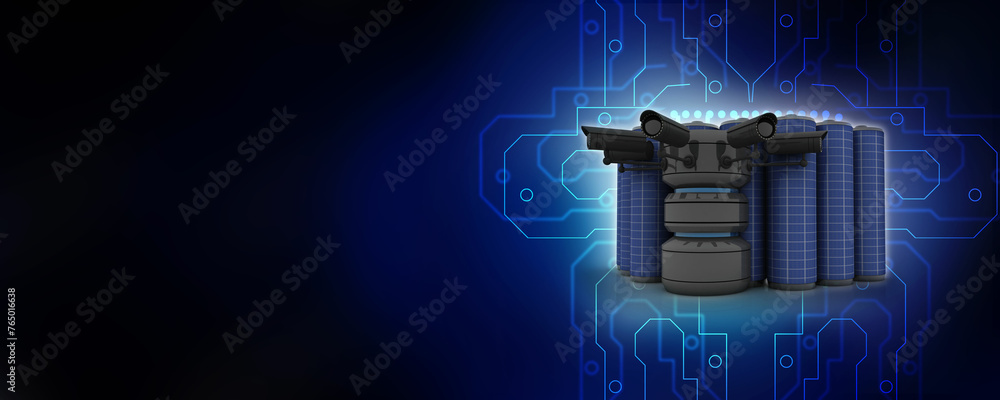 Poster 3d rendering surveillance cctv security camera connected database near battery
