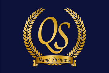 Fototapeta premium Initial letter Q and S, QS monogram logo design with laurel wreath. Luxury golden calligraphy font.