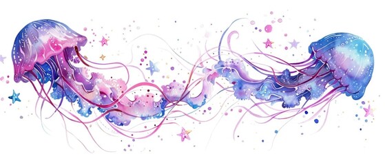 Mystical watercolor jellyfish, clipart, adorned with luminescent beads and stars, drifting in a dreamy seascape, isolate on white background. For those who love the magic of the sea.