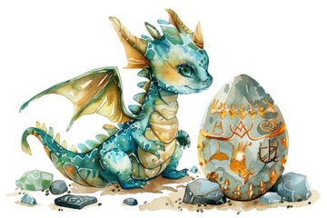 Playful watercolor clipart of a baby dragon hatching from an egg, surrounded by ancient runes, isolate on white background. A delightful take on the birth of magic and wonder.