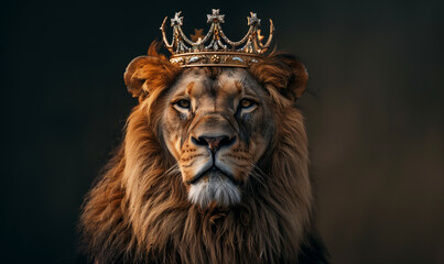 Lion portrait with crown christian concept banner, dark background.
