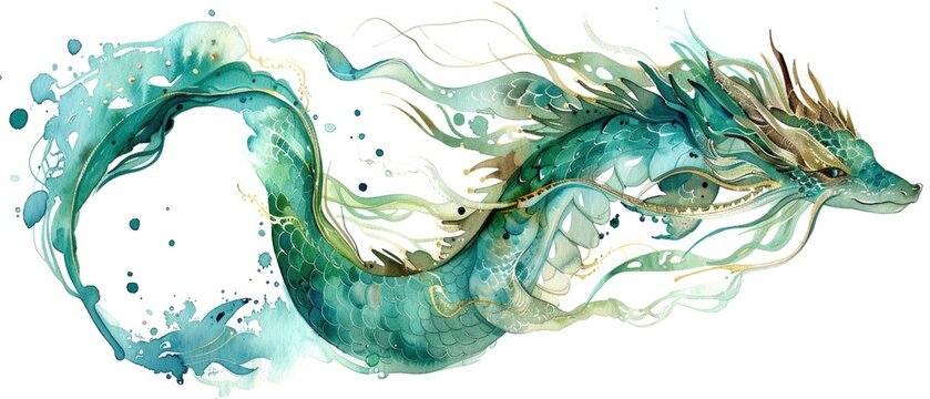 Mystical watercolor illustration of a sea dragon, clipart style, with flowing tentacles and scales that glisten like the ocean, isolate on white. Merges the mystery of the sea with dragon lore.