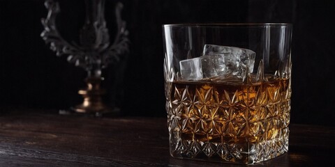 Glass of whiskey with ice cubes on old wooden table. Black background.