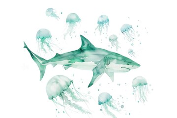 Serene watercolor clipart of a shark peacefully swimming with a school of jellyfish, glowing softly, isolate on white. A blend of tranquility and mystery.