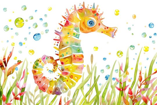 Playful watercolor seahorse, clipart, frolicking with colorful bubbles, against a backdrop of sea grass, isolate on white. Captures the joy of marine life.