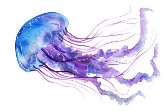Serene watercolor clipart of a jellyfish, with translucent, flowing tentacles, glowing softly, isolate on white background. Perfect for a touch of oceanic tranquility.