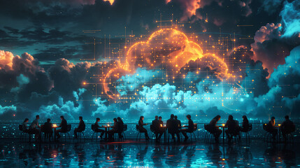 people communicating with digital tools, network illustration, cloud computing concept