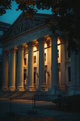 Obraz premium A courthouse glowing at dawn, depicting the light of justice dispelling the darkness of injustice