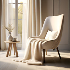 Soft texture and cozy ambiance emanating from the creamy wool knitted chair.
Generative AI.