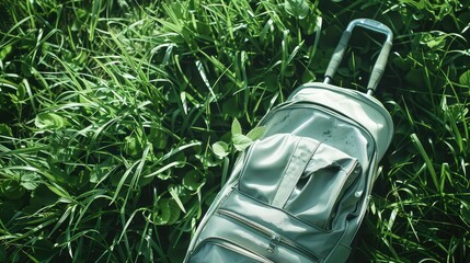 Golf club in bag on a background of verdant grass, international golf day
