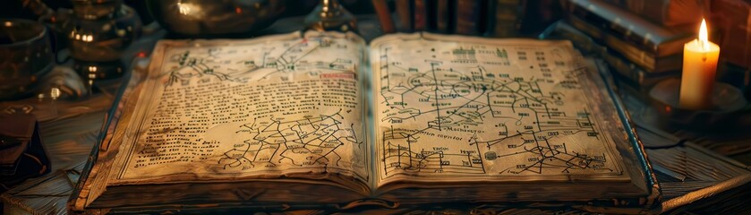 An alchemists grimoire open, its pages revealing magic circuitry diagrams alongside archaic runes and mystical illustrations - obrazy, fototapety, plakaty
