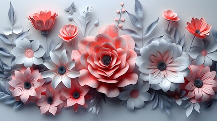 3d render, abstract cut paper flowers isolated on white, botanical background, festive floral arrangement. 