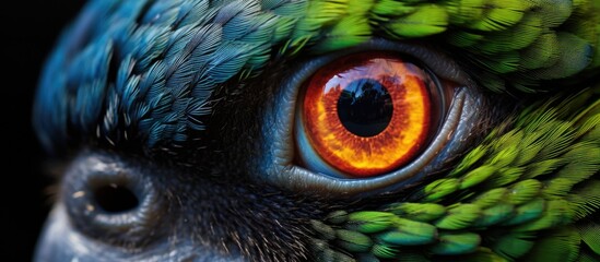 Detailed close-up shot capturing the vivid green eye of a parrot, showcasing intricate patterns and vibrant coloration - obrazy, fototapety, plakaty
