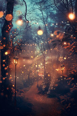 A mystical carnival in the forest, with lights twinkling among the trees and an enchanted feel