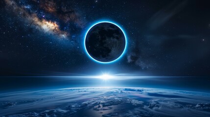 Blue Solar Eclipse A rare celestial event, casting an ethereal blue shadow over the Earth - obrazy, fototapety, plakaty