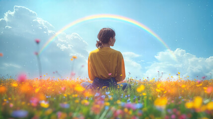 young woman sit under a rainbow