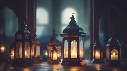 Fototapeta premium islamic lantern background Ideal for ramadhan festive, eid fitr, eid adha, islamic background , cozy, warm, holidays, invitations, and decorations, ratio 16:9px
