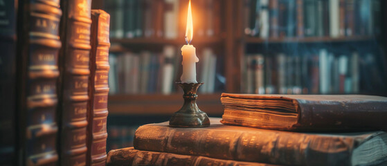 A torch illuminating legal books, representing the enlightenment and guidance provided by the law - obrazy, fototapety, plakaty
