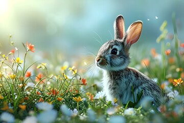 A cute little Easter bunny surrounded by fresh Spring flowers 