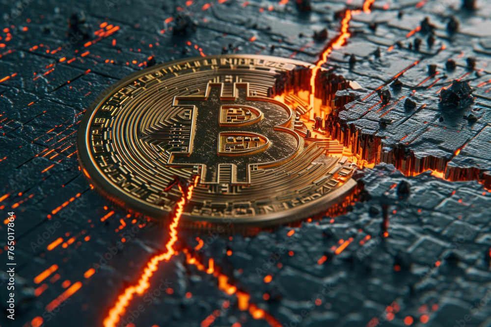 Poster 3d ing of a bitcoin symbol on a fractured ground surface with cracks spreading in all directions