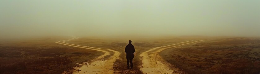 Fototapeta na wymiar A weary traveler stands at a crossroads, the paths before him shrouded in mist Each path represents a different choice, a different journey What lies ahead